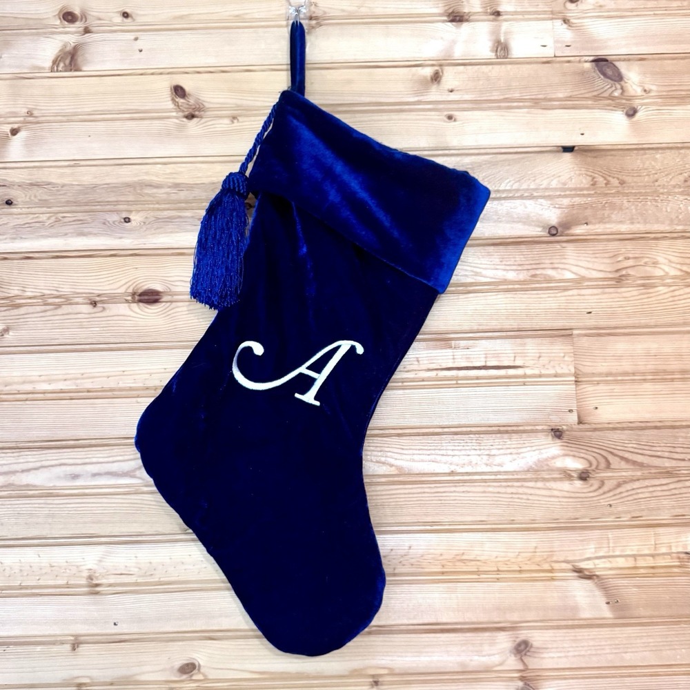 Christmas Stocking Velvet Letter "A" Blue Tassel Name Initial Holiday Decor
